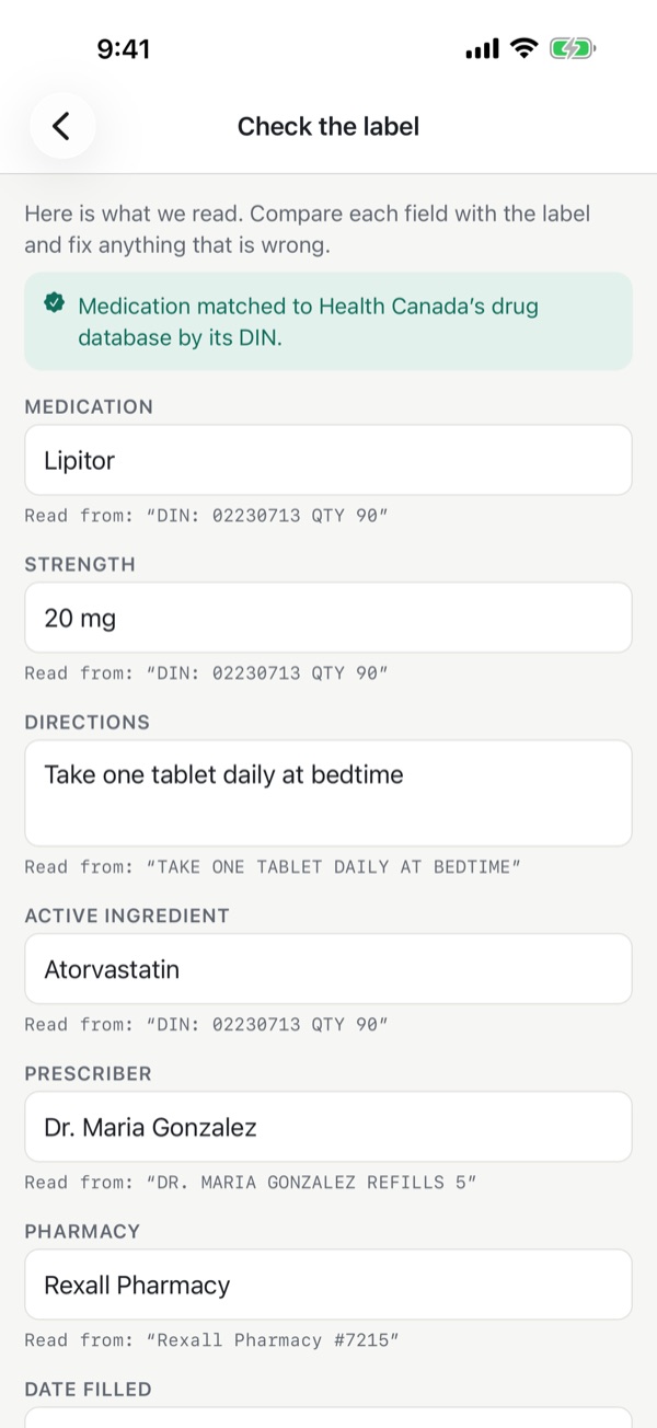 The review screen showing the fields read from a pill bottle label