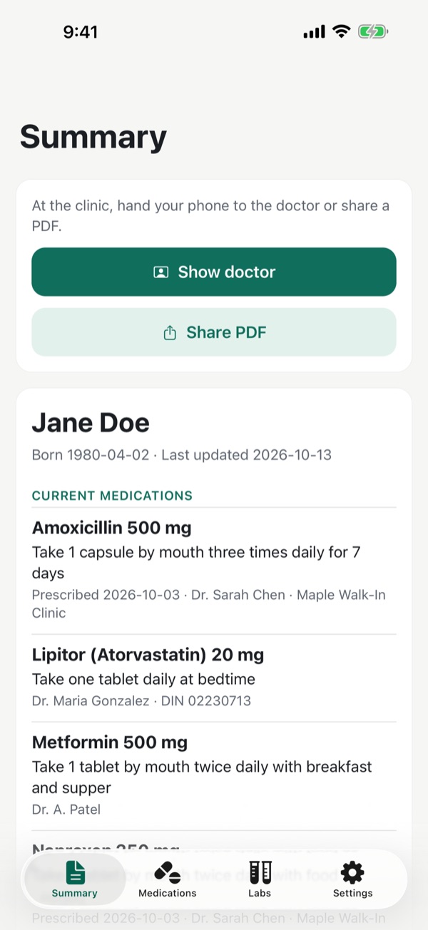 The summary screen listing current medications and recent lab results